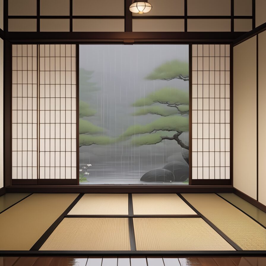 畳の和室から雨に濡れる庭を眺める。障子越しに緑の松が見える。/ A tatami room overlooking a rain-soaked garden, with green pine trees visible through the shoji screens.