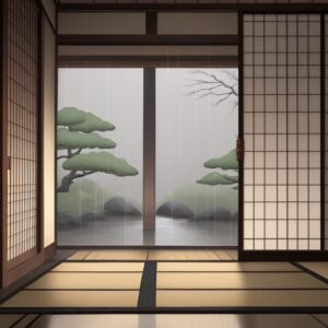 和室の正面に広がる梅雨時の庭。雨粒がガラス越しに流れる。/ A Japanese room facing a rainy garden, with raindrops streaming down the glass during the rainy season.