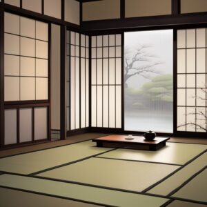 畳の部屋に置かれた茶器。窓の外には雨に煙る庭が広がる。/ A tatami room with tea utensils placed on the floor, overlooking a misty garden in the rain.
