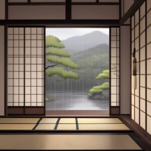 障子窓から見える雨の景色。山と松が雨に濡れている。/ A rainy view seen through shoji windows, with mountains and pine trees glistening in the rain.