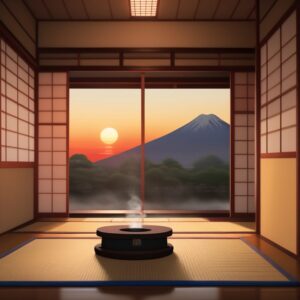 正面の窓に沈む夕日。畳の中央に蚊取り線香が焚かれている。/ The setting sun visible through the front window, with a mosquito coil burning in the center of the tatami room.