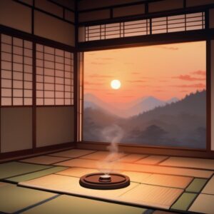 夕焼けの赤い空を背景に、畳の部屋で蚊取り線香の煙が漂う。/ A tatami room with smoke from a mosquito coil drifting against the backdrop of a red sunset sky.