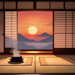 畳の和室に置かれた蚊取り線香。窓の外には夕焼けの太陽と山々が見える。/ A tatami room with a mosquito coil placed on the floor, overlooking a sunset sky and distant mountains.