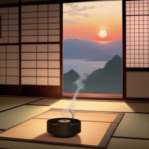 障子越しに広がる山並みと夕日。畳の上には煙を立てる蚊取り線香。/ A view of mountains and the setting sun through shoji screens, with a smoking mosquito coil on the tatami floor.