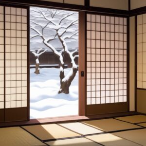 畳の和室から見える雪景色。障子の外には雪をかぶった木が立っている。/ A tatami room overlooking a snowy landscape, with snow-covered trees visible outside the shoji.