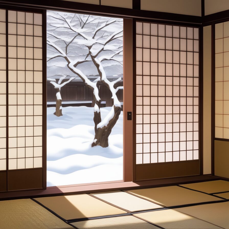 畳の和室から見える雪景色。障子の外には雪をかぶった木が立っている。/ A tatami room overlooking a snowy landscape, with snow-covered trees visible outside the shoji.