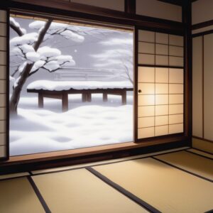 和室の窓から雪に覆われた庭と木製の柵が見える。/ A Japanese room with a view of a snow-covered garden and a wooden fence outside the window.