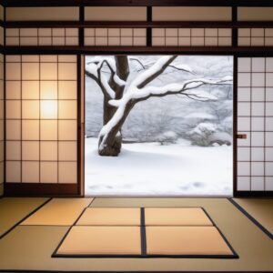 雪見障子越しに大きな木が雪に包まれた光景が広がる。/ A snow-covered tree seen through the yukimi shoji in a traditional tatami room.