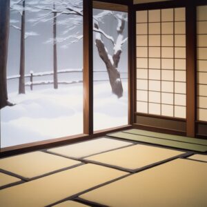 畳の部屋の窓辺に積もる雪。背景には静かな冬の林が広がる。/ Snow piled up by the window of a tatami room, with a quiet winter forest in the background.