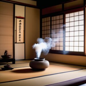 香炉の煙が静かに立ち上る畳の部屋。背景には障子と掛け軸がある。/ A tatami room where incense smoke rises gently from a censer, with shoji screens and a hanging scroll in the background.