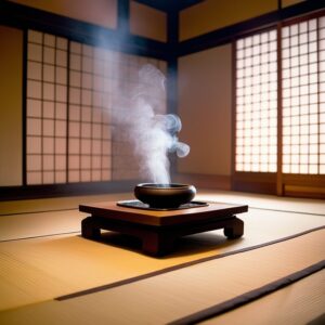 畳の中央に置かれた香炉から立ち昇る香煙。障子越しに淡い光が射し込む。/ Incense smoke rising from a censer placed in the center of a tatami room, with faint light streaming through the shoji.
