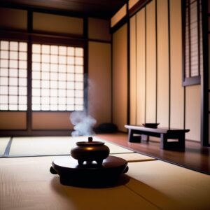 香炉から香りの煙が漂う和室。床の間と掛け軸が見える。/ A Japanese room with incense smoke drifting from a censer, featuring a tokonoma alcove and hanging scroll.