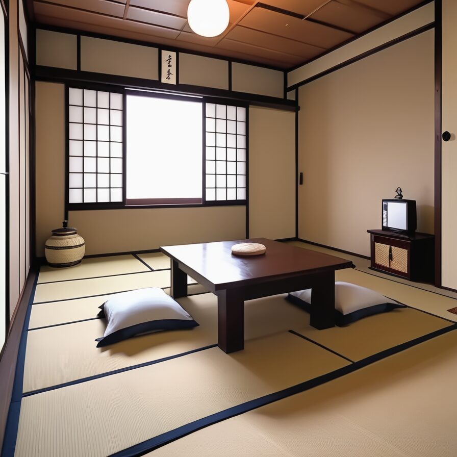 座布団と座卓が置かれた来客用の和室。床の間には壺が飾られている。/ A guest tatami room with cushions and a low table, featuring a decorative vase in the tokonoma alcove.