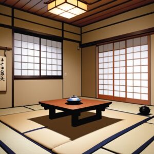 畳の上に座卓と茶器が置かれた和室。障子から柔らかな光が差し込む。/ A Japanese guest room with a low table and tea set on tatami, with soft light streaming through the shoji screens.