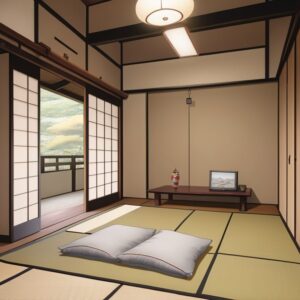 来客用に整えられた和室。座布団が並べられ、奥には花が飾られている。/ A Japanese guest room prepared with cushions on the tatami, with flowers displayed in the alcove.