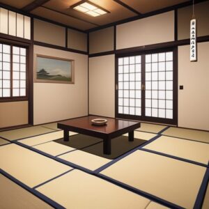 掛け軸と絵画が飾られた来客用の和室。中央には座卓が置かれている。/ A guest tatami room decorated with a hanging scroll and painting, featuring a low table in the center.