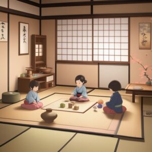 畳の部屋で二人の子どもがままごと遊びをしている。/ Two children playing house on the tatami floor in a Japanese-style room.