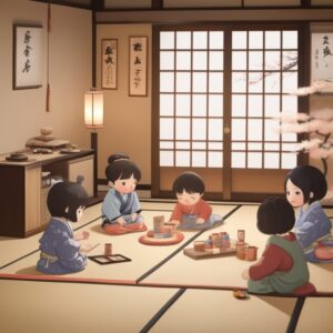 和室で数人の子どもが集まり、積み木やぬいぐるみで楽しそうに遊んでいる。/ Several children gathered in a tatami room, happily playing with blocks and stuffed animals.