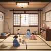 畳の和室で子どもたちが積み木で遊んでいる。/ Children playing with building blocks in a tatami room.