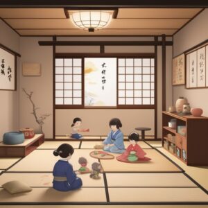 畳の和室で子どもたちが積み木で遊んでいる。/ Children playing with building blocks in a tatami room.