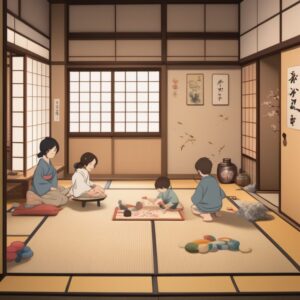 和室に座る子どもたちがぬいぐるみやおもちゃで遊んでいる。/ Children sitting in a Japanese room playing with stuffed animals and toys.