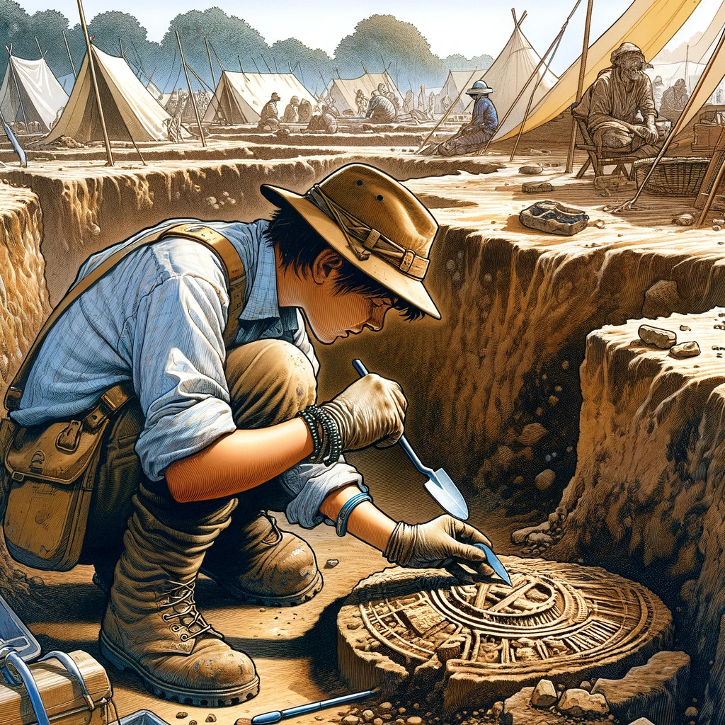 発掘現場で円形の石板を調査する帽子をかぶった考古学者 / An archaeologist with a hat examining a circular stone at a dig site