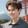 "ツーブロックカットヘアの若い男性が、グレーのポロシャツを着て富士山と赤い鳥居を背景に明るく微笑んでいる / A young man with a two-block haircut, wearing a gray polo shirt, smiling brightly with Mt. Fuji and a red torii gate in the background"