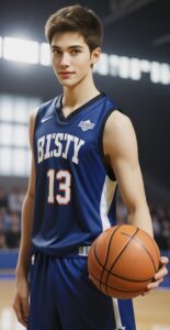 「BKSTY 13」と書かれたネイビーのユニフォームを着た若い男性が体育館でバスケットボールを持って立っている。 / A young man wearing a navy "BKSTY 13" basketball uniform is standing in a gym holding a basketball.