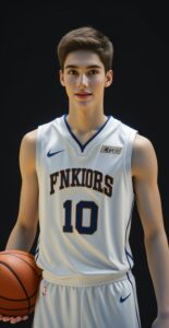 「FNKIORS 10」のユニフォームを着た若い男性がバスケットボールを手にまっすぐ立っている。 / A young man wearing a "FNKIORS 10" basketball uniform is standing straight with a basketball in hand.