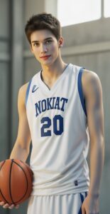 「NOKIAT 20」の白いユニフォームを着た若い男性が屋内コートでリラックスした表情を見せている。 / A young man in a white "NOKIAT 20" basketball uniform is showing a relaxed expression on an indoor court.
