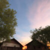 夕焼け空の下、木々と共に静かに佇む村の古い家屋の風景。 / A peaceful village scene with old houses and trees under a sunset sky.