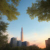 高層ビルを望む首都の公園からの眺め、木々に囲まれた夕暮れの風景。 / A sunset view from a capital city park with skyscrapers seen beyond the surrounding trees.