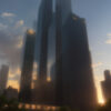 夕暮れの空を背景に高層ビル群が立ち並ぶメトロポリスの壮観な眺め。 / A stunning view of towering skyscrapers in a metropolis against a sunset sky.