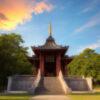 夕焼け空の下、石段の先に佇む伝統的な仏教寺院の荘厳な建物。 / A majestic traditional Buddhist temple standing beyond stone steps under a sunset sky.