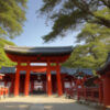 緑に囲まれた赤い鳥居と社殿が並ぶ、伝統的な神社の美しい参道。 / A beautiful path at a traditional Shinto shrine lined with red torii gates and surrounded by greenery.
