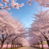 満開の桜並木が続く道に、花びらが舞う春の絶景。 / A breathtaking spring scene with a row of cherry trees in full bloom and petals drifting through the air.