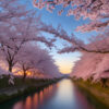 川の両岸を彩る満開の桜が水面に映り込む幻想的な春の風景。 / A dreamy spring scene with cherry blossoms in full bloom lining both sides of the river, reflected on the water.