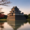 夕暮れ時の空の下、静かな水面に映る美しい日本の城の風景。 / A beautiful Japanese castle reflected on a calm water surface under the evening sky.
