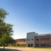 青空の下、木々に囲まれた低層の校舎が静かに建つ風景。 / A peaceful scene of a low-rise school building surrounded by trees under a clear blue sky.
