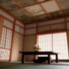 障子や襖絵、漆塗りの座卓が配された日本の城の和室内部、伝統的な天井装飾が印象的な空間（AI生成） / Interior of a Japanese castle room with shoji screens, fusuma paintings, and a lacquered low table, featuring traditional ceiling design (AI-generated)