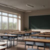 明るい自然光が差し込む、整然と並んだ机と黒板のある教室の風景（AI生成） / A classroom scene with neatly arranged desks and a blackboard, filled with natural sunlight (AI-generated)