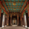 色鮮やかな柱と天井装飾が印象的な寺院の回廊、奥行きのある静謐な空間（AI生成） / Temple corridor with vividly painted pillars and decorative ceiling, creating a serene and atmospheric interior (AI-generated)