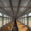 大きな窓から景色を楽しめるレトロ調の列車車内、整然と並んだ座席と明るい自然光（AI生成） / Retro-style train interior with neatly aligned seats and large windows offering scenic views, filled with natural sunlight (AI-generated)