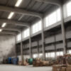 資材が並ぶ広々とした現代的な工場内部の様子（AI生成） / Spacious interior of a modern factory with materials and equipment (AI-generated)