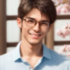 桜の背景の中でメガネをかけて微笑む若い男性のポートレート。 / A portrait of a young man smiling while wearing glasses, with cherry blossoms in the background.