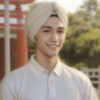 白いターバンを巻いた若い男性が、屋外で優しく微笑んでいる。/ A young man wearing a white turban is smiling gently outdoors.