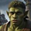 険しい表情をした緑色の肌のオークのポートレート / Portrait of a green-skinned orc with a stern expression