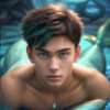 海中に佇む青緑の髪をした美しい男の半魚人 / A handsome merman with teal-streaked hair underwater