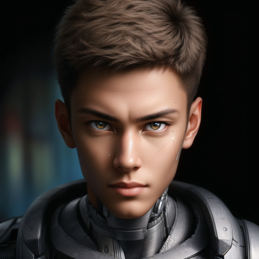 メタリックな装甲をまとったサイボーグ風の若い男性 / A young man resembling a cyborg with metallic armor