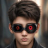 赤い光を放つ特殊な単眼ゴーグルを装着したサイクロプス風の若い男性 / A young man resembling a cyclops wearing a glowing red monocular goggle